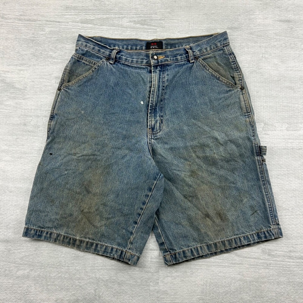 Vintage Y2K Emergency Exit Carpenter Shorts Size 32 Blue Medium Wash Denim